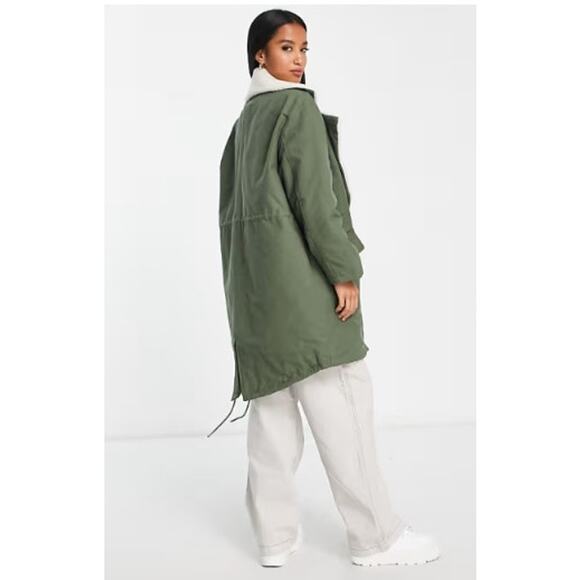 New NWT ASOS Quilt Lined Parka Coat With Borg Collar In Olive Size 8 - Picture 4 of 16